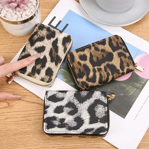 Women Leopard Print Accordion Card Holder PU Leather Mini Zipper Coin Purse Multi Slot Fashion Wallet