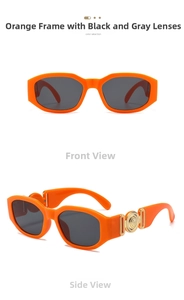 Detail of orange frame sunglasses with golden circular metal relief on the temple arm
