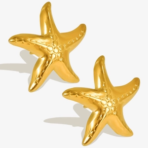 Detailed close-up of pair of 18k gold plated stainless steel starfish stud earrings