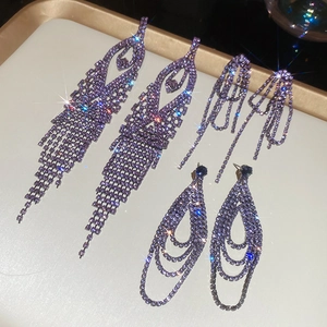 Purple Rhinestone Multi-Layer Tassel Drop Earrings 925 Sterling Silver Earring Post Copper Waterdrop Luxury Jewelry Women