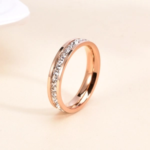 Rose gold titanium steel ring with sparkling round cubic zirconia stones for women