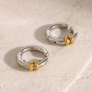 Two-tone stainless steel hoop earrings with gold accents on stone background
