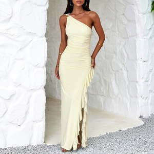 One Shoulder Maxi Dress Knit Ruffle Ruching Split Bodycon Vacation Sexy Summer Party Pale Yellow Asymmetric Floor Length