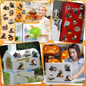 Halloween gnome magnets displayed on refrigerator, mailbox and laptop as festive decor