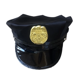 Detailed view of black city police captain hat with silver side buttons and golden badge