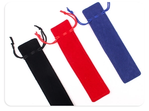 Three premium velvet drawstring pouches in black, red, and blue for pens or jewelry