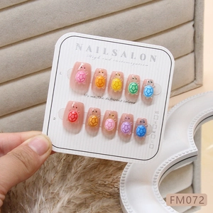 Handmade press-on nails with colorful 3D mini turtles and cat eye design in square-oval shape