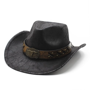 Black distressed faux suede cowboy hat with bull skull buckle and bronze rivets