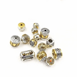 Perles bouddhistes en argent tibétain bicolore, formes de tonneau et rondes avec motifs
