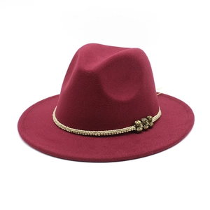 Deep burgundy wide brim wool fedora hat with bohemian woven band and vintage beads