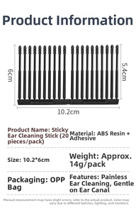 Detail of 20pcs black adhesive ear swabs with ABS resin handle and 10.2cm packaging size