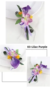 Detail of lilac calla lily boutonniere with pearls and purple ribbons for weddings