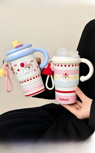 Close-up of portable cartoon insulated mug with blue lid and ceramic lining details