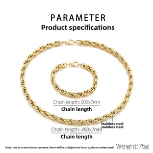 Detailed size parameters for gold stainless steel twist chain necklace and bracelet set