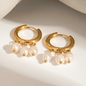 18k gold plated stainless steel hoop earrings with three white freshwater pearls