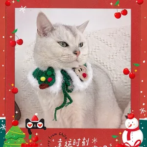Handmade knitted Christmas tree and reindeer pet collar scarf for cats and small dogs