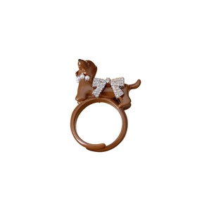 Brown dachshund dog open ring with faux pearl collar and sparkling rhinestone bow