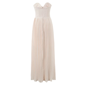 Detail of elegant pleated floor-length strapless dress featuring back zipper closure