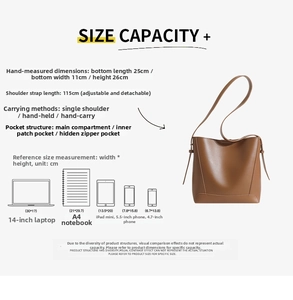 Detailed size and capacity chart for bucket bag showing dimensions and device compatibility