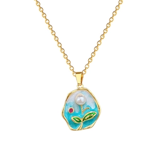 Titanium gold necklace with blue enamel floral pendant featuring pearls and pink gemstones