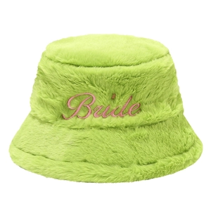 Light green plush bucket hat with pink Bride embroidery for bridal shower parties