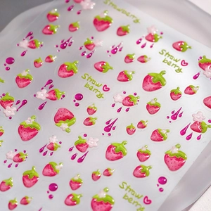 3D embossed strawberry nail stickers with cute pink fruit and green leaf patterns