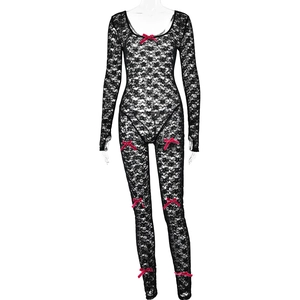 Black lace see-through jumpsuit for women featuring elegant red bow tie accents