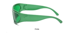 0-degree side view of matte green wrap-around sports sunglasses with futuristic Y2K style
