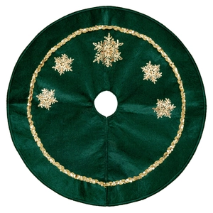 Dark green velvet Christmas tree skirt with gold sequin trim and snowflake embroidery