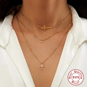 Three-layer S925 sterling silver necklace featuring cross pendants and zircon stones
