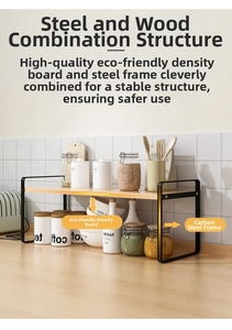 Detail of multi-purpose kitchen shelf with light wood top and black steel frame