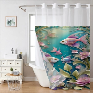 Detail of waffle weave shower curtain with ocean fish print and silver metal grommets