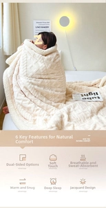 Close-up of double-sided fleece blanket with elegant jacquard texture and warm sherpa lining