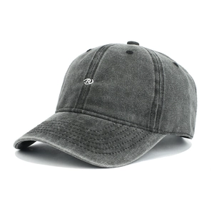 Vintage dark grey washed cotton baseball cap with embroidered letter R on white logo