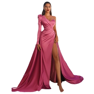 Elegant rose pink one-shoulder satin evening dress with puff sleeve and side split