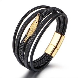 Men Multilayer Bracelet Genuine Leather Braided Stainless Steel Magnetic Clasp Feather Charm Punk Style Jewelry