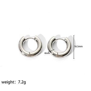 Detailed specs of silver hoop earrings showing 16.5mm diameter and 4mm thickness