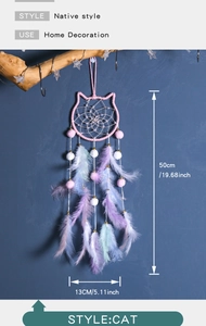 Detailed view of cat-shaped dream catcher with pink, purple, blue feathers and white poms