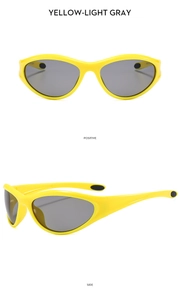 Front and side views of yellow Y2K wrap-around sports sunglasses with light gray lenses