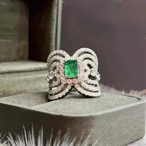 Hollow Bow Shape Ring Copper With Emerald Cut Green Gemstone And Micro Pave White Crystals Elegant Jewelry For Women