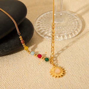 Vintage 18K gold stainless steel necklace with sun pendant and colorful gemstones