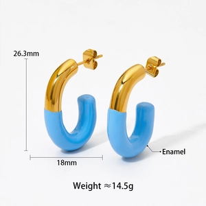 Detail showing dimensions of blue enamel hoop earrings with gold trim and weight metrics