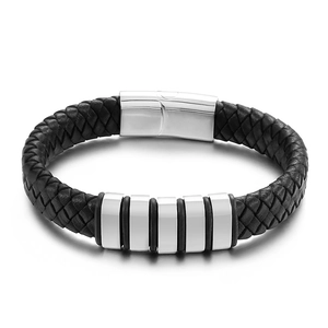 Bracelet pour homme en cuir tressé noir avec perles en acier argenté et fermoir magnétique