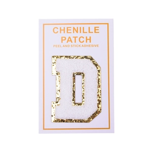 Detailed view of 8CM chenille letter D patch with gold glitter edge and self-adhesive backing