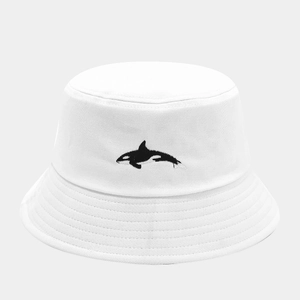 White cotton bucket hat featuring a minimalist orca embroidery for summer outdoor style