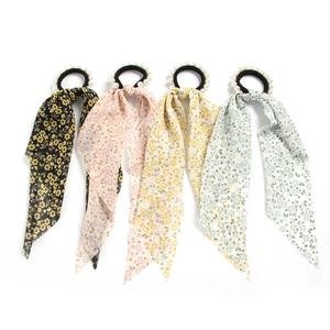 Floral Scarf Scrunchies Chiffon Ribbon Hair Ties With Artificial Pearl Decor Sweet Pastoral Style For Women