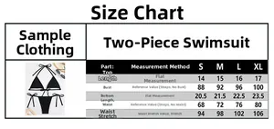 Detailed size chart for two-piece solid black bikini with S to XL measurements