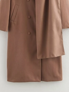 Détail du manteau en laine camel avec boutons à double boutonnage et texture de poche
