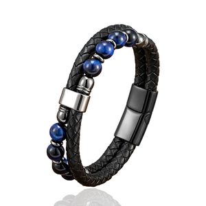 Men's braided black leather bracelet with blue tiger eye beads and magnetic steel clasp