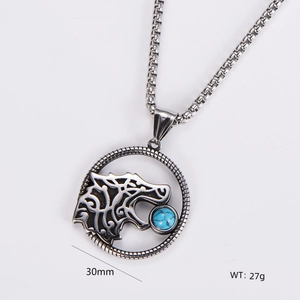 Macro detail of a 30mm stainless steel wolf head pendant with a blue stone inlay